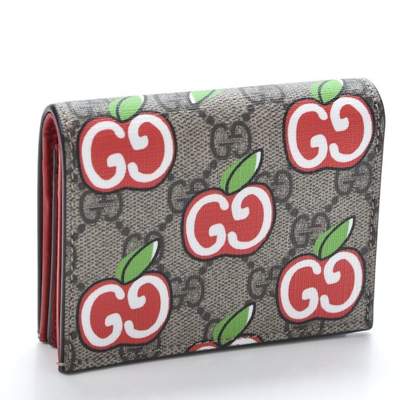 Gucci GG Supreme Monogram Apple Print Card Case Wallet in Tan